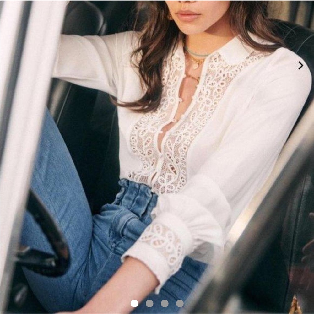 Sezane white silk cottage core new with tags, embroidered blouse size small